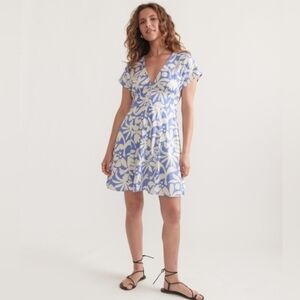 Marine Layer Camila Mini Dress Blue White Floral V-Neck Hemp Blend - Size XL